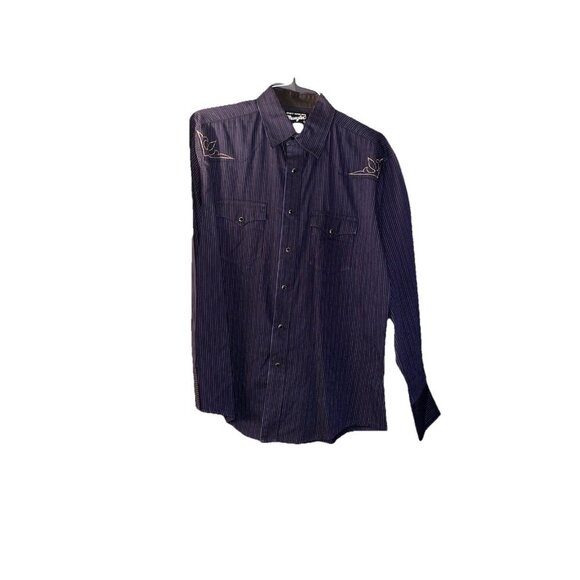 Vintage Embroidered Wrangler Western Striped Shirt Sz Lrg Blue White Pearl Snap - Picture 1 of 3